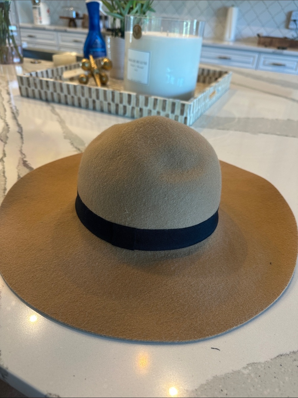 Women's Wide Brim Tan Felt Hat with Black Band